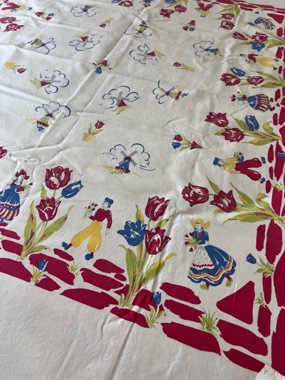 Vintage Floral & Dutch Folk Print Tablecloth in Red, Blue, Yellow